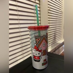 20oz Christmas Holiday Travel Tumbler Cold Cup Hello Kitty Santa Hat Glitter New